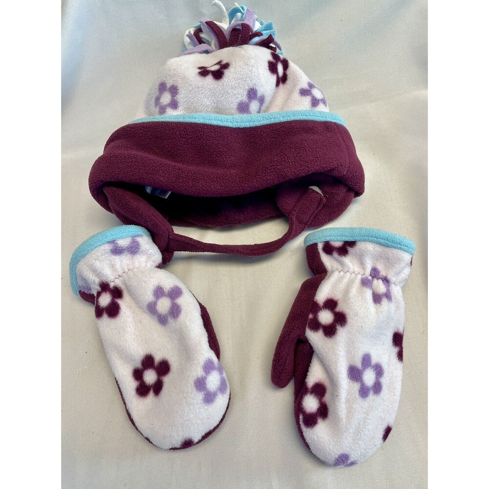 Pre owned Toddler Winter Sno Hat and Glove Set Tassel Ear Covers Flower Pattern